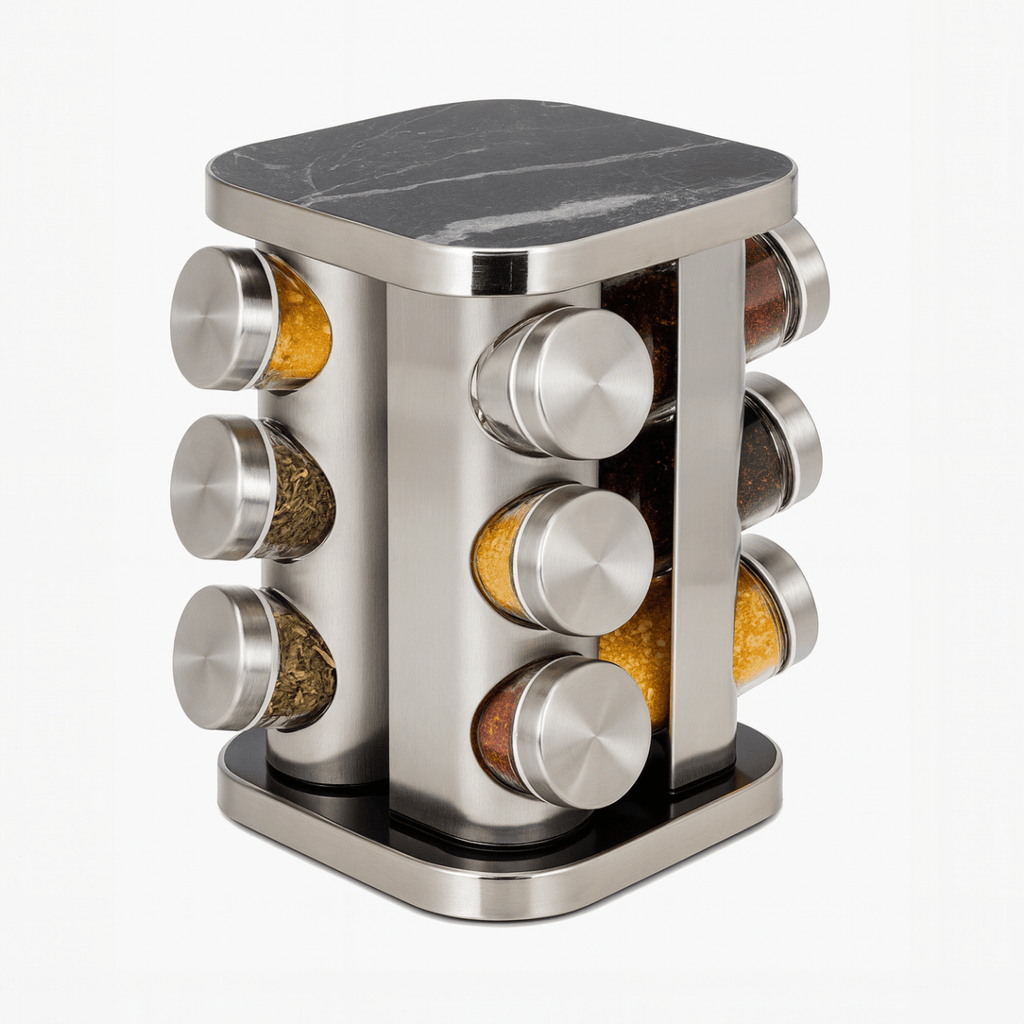 12PC 360 Rotating Silver & Black Marble Spice Rack - Home Phase