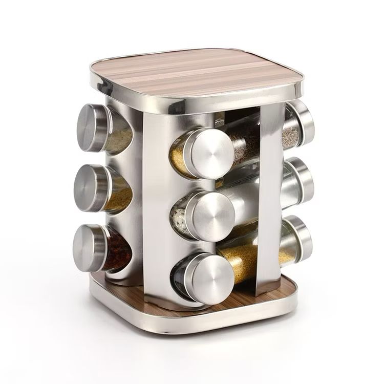 12PC 360 Rotating Silver & Wood Spice Rack - Home Phase