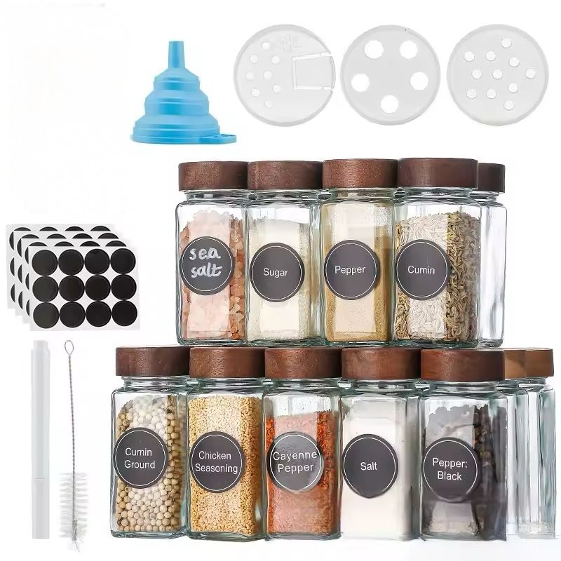 12PC Glass Spice Jar Set + Stickers & Funnel - Dark Wood - Home Phase