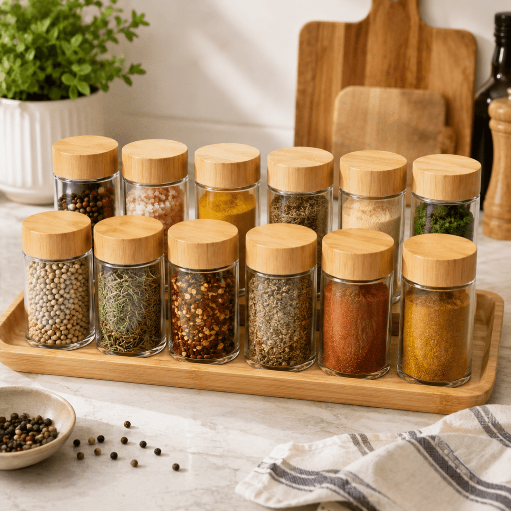 12PC Glass Spice Jar With Bamboo Lid - Home Phase