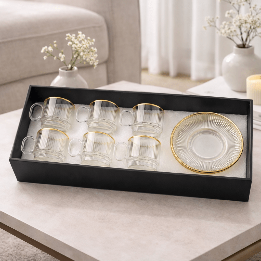 12PC Ribbed Glass And Saucer Set - 180ml - Home Phase