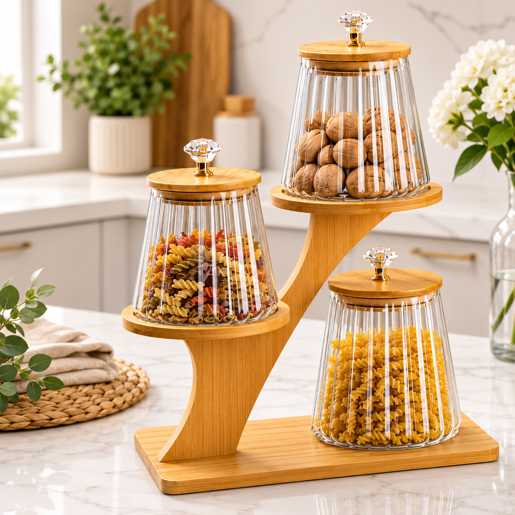 4 PC Lux Glass Jar And Stand Set