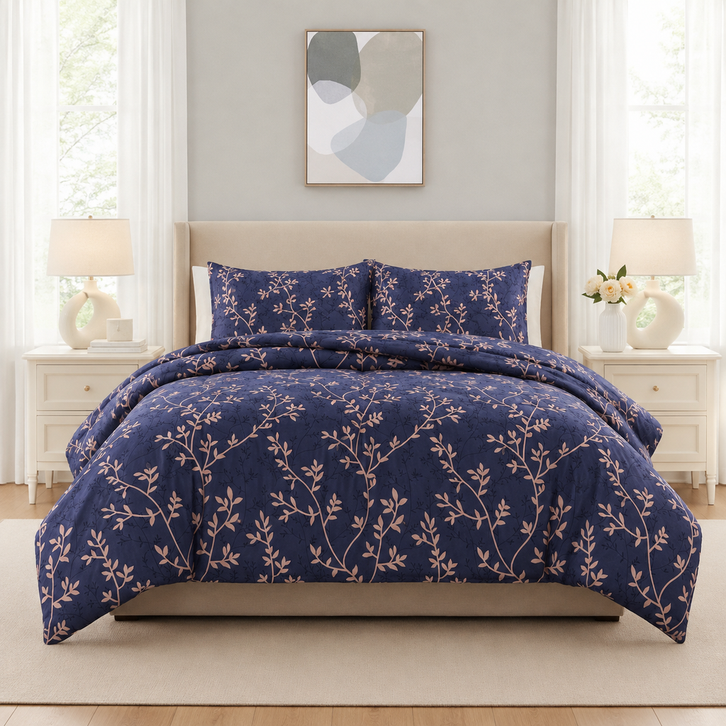 3PC Urban Printed Microfibre 80gsm Comforter - Navy & Brown Leaf