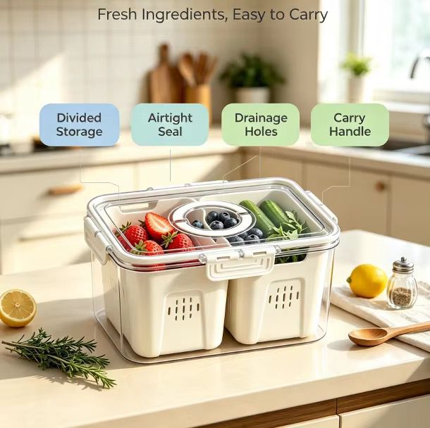 2 Compartment Deep Storage Box With Drainer - 23.6 × 17 × 14 cm - Home Phase