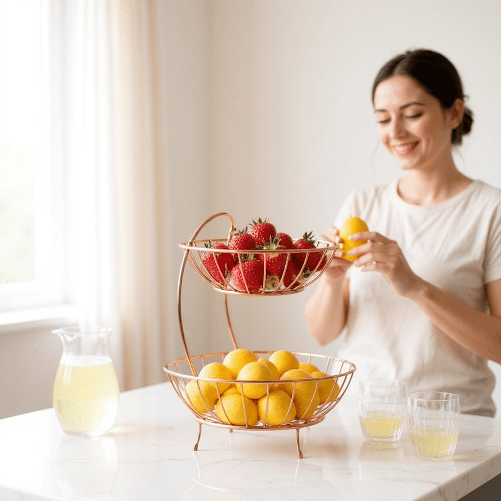 2 Layer Rose Gold Fruit Basket - Home Phase