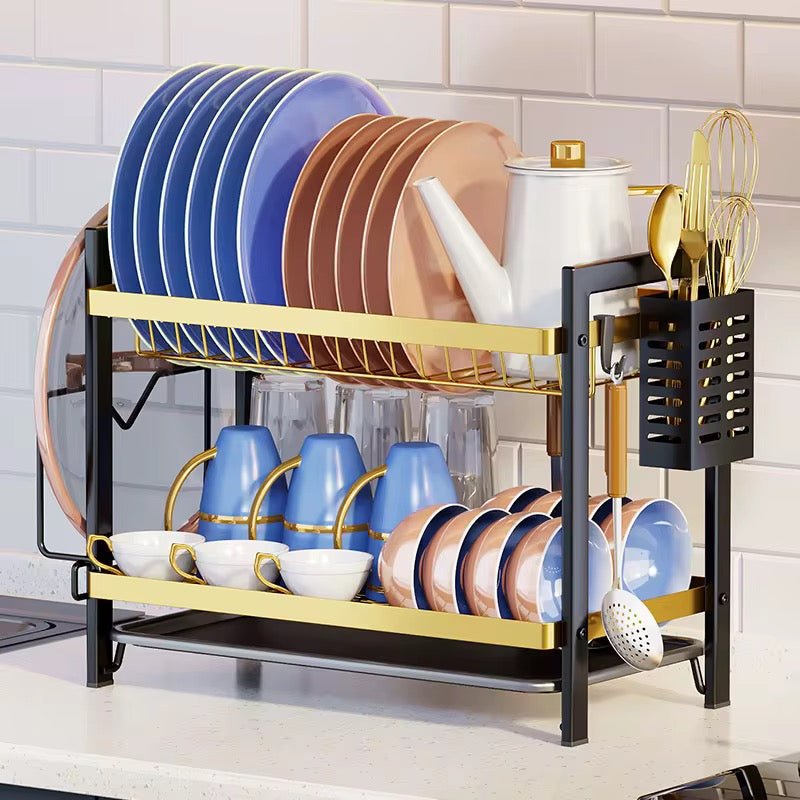 2 Tier Modern Gold & Black Dish Rack - Style Phase Home