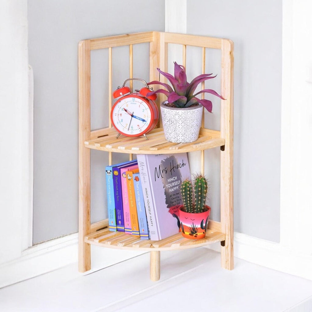 2 Tier Wooden Corner Shelf Storage Rack - Style Phase Home
