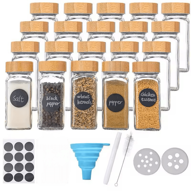 24PC Modern Wood & Glass Spice Jars With Stickers Set - Style Phase Home