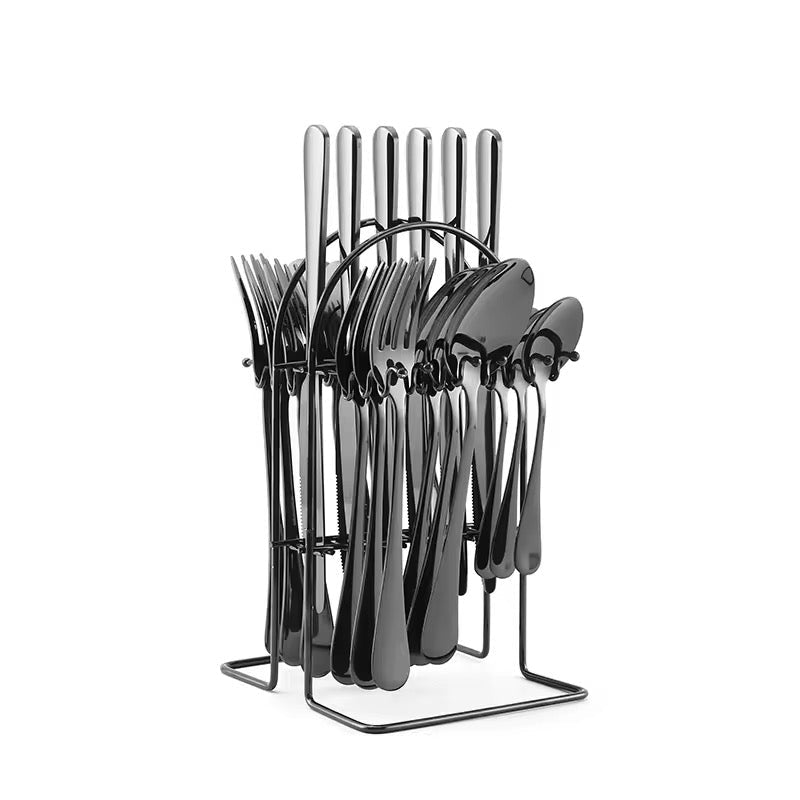 24PC Stainless Steel Cutlery Set With Stand - Black - Home Phase