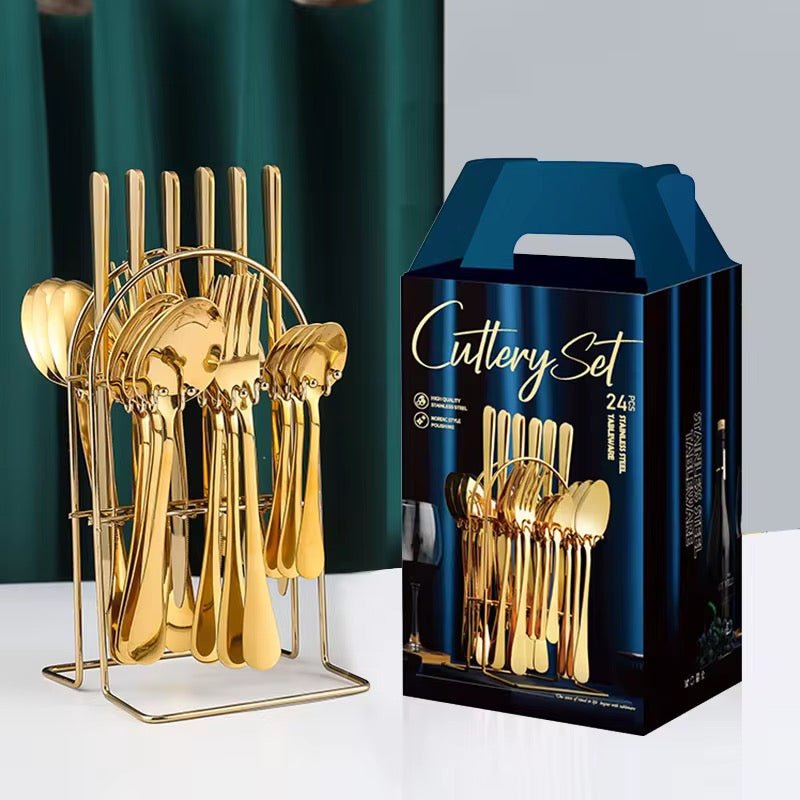 24PC Stainless Steel Cutlery Set With Stand - Gold - Home Phase