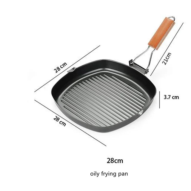 Non-Stick Grill Pan - Foldable Wooden Handle