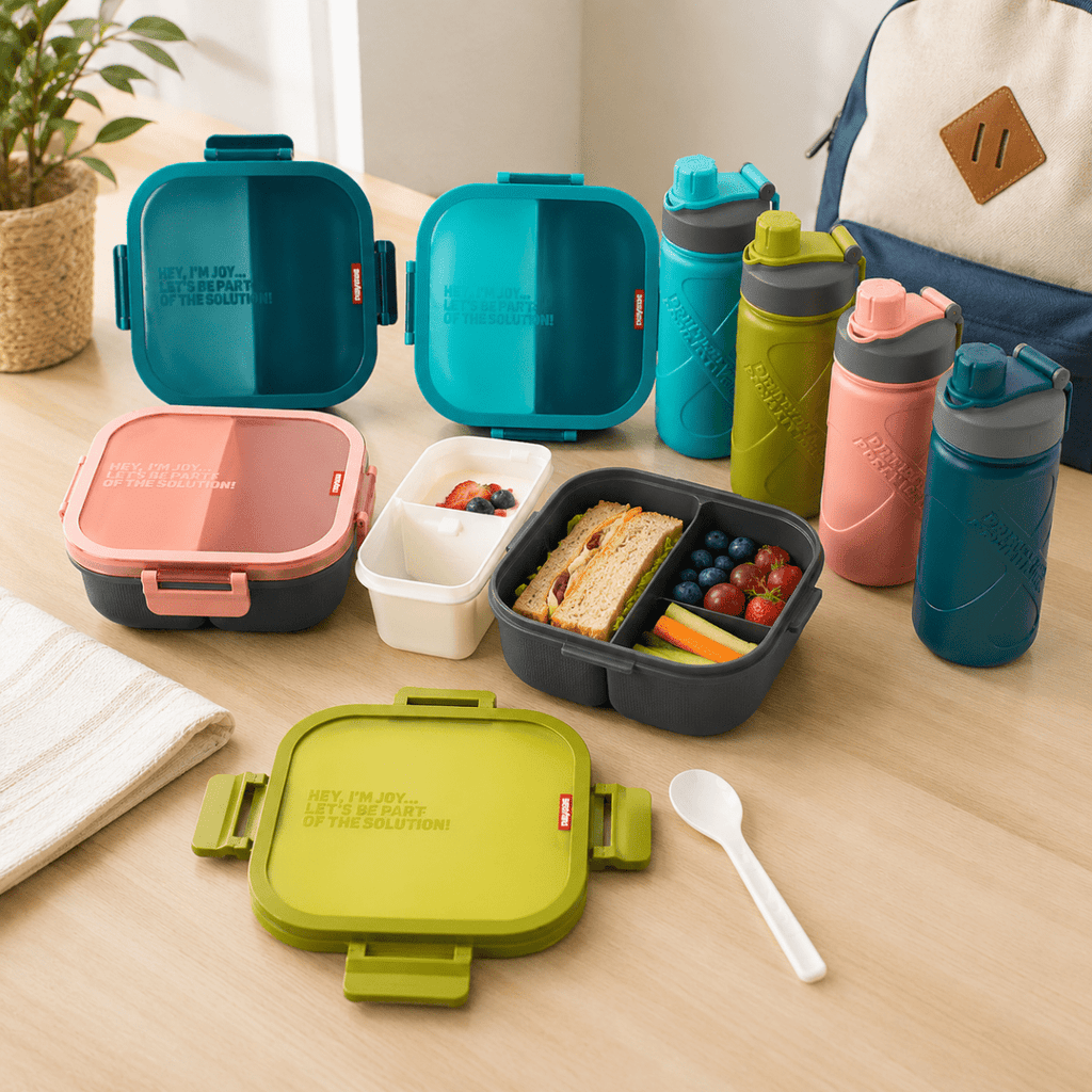 2PC 3 Compartment Square Bento Lunchbox Set - 1100ml Lunchbox + 550ml Bottle - Home Phase