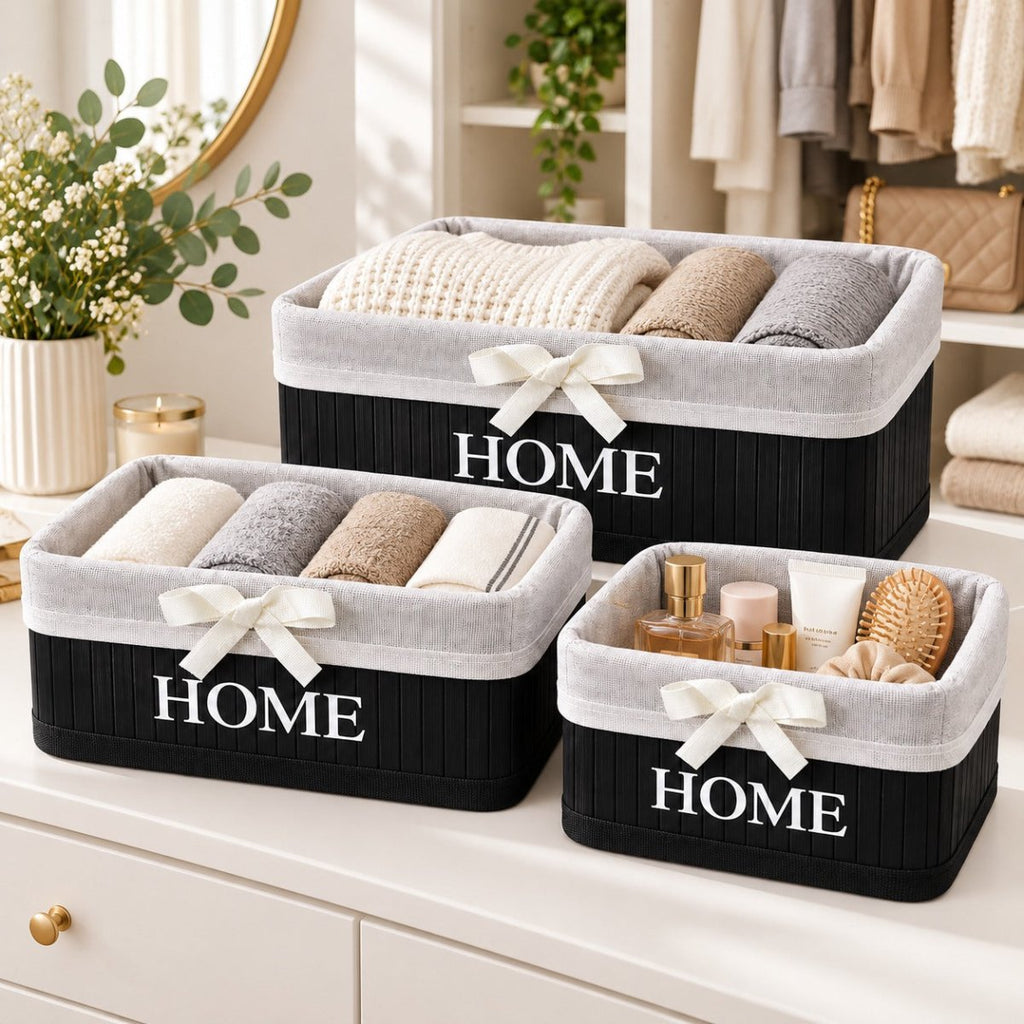 3-Piece Bamboo Storage Box Set with Fabric Liners – Black – Small, Medium & Large - Home Phase
