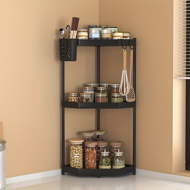 3 Tier Corner Storage Shelf With Hooks And Basket – Home Phase