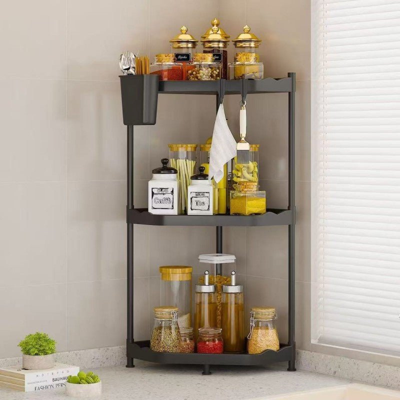 3 Tier Corner Storage Shelf With Hooks And Basket - Home Phase