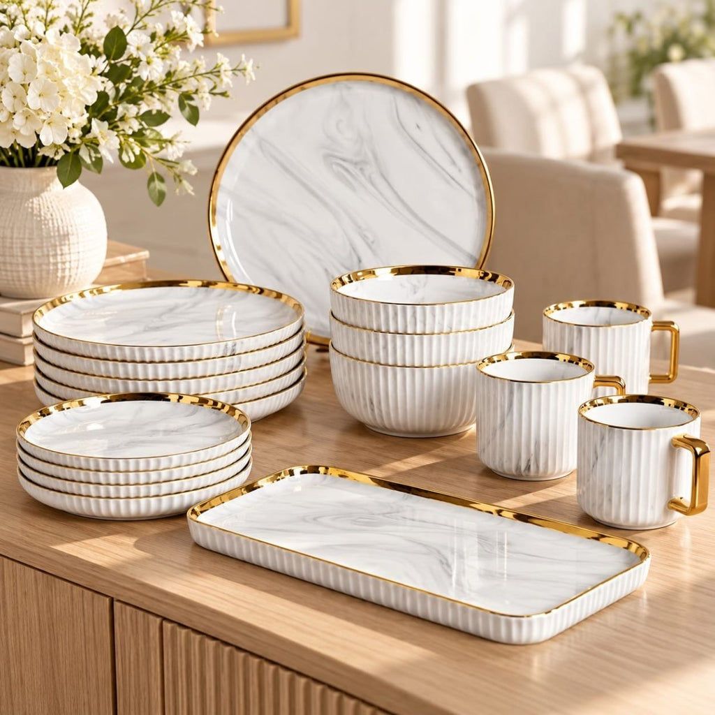 32 PC Gold Rim Marble Ribbed Dinner Set - Home Phase