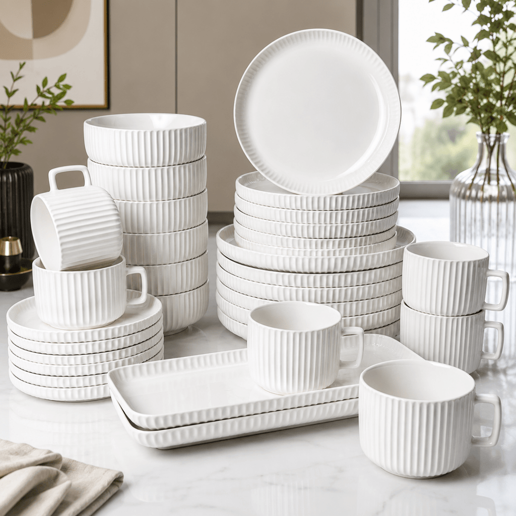 32 PC Modern Ribbed Ceramic Dinner Set - Home Phase