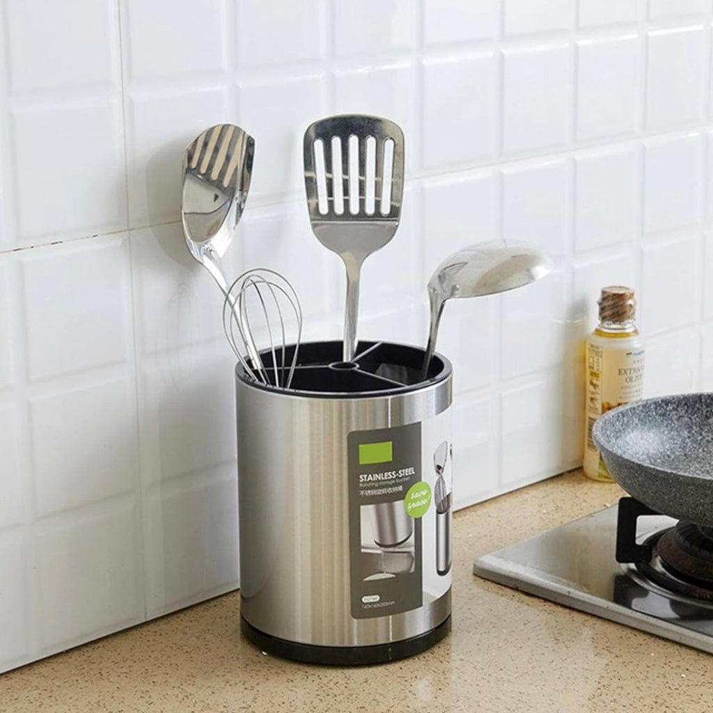 360 Rotating Stainless Steel Utensil Holder With Drainer - Round - Home Phase