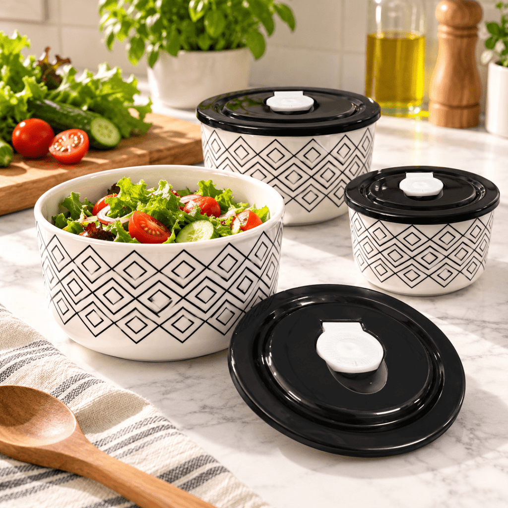3PC Airtight Ceramic Container Set - Black Geo - Home Phase