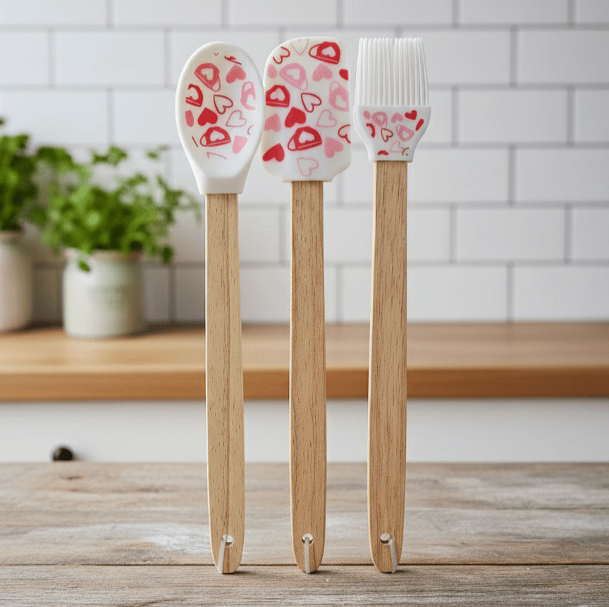 3PC Cute Silicone Utensil Set With Wooden Handle - Home Phase