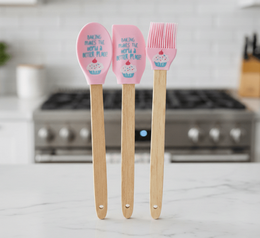 3PC Cute Silicone Utensil Set With Wooden Handle - Home Phase