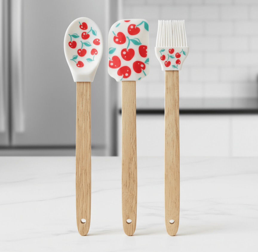 3PC Cute Silicone Utensil Set With Wooden Handle - Home Phase