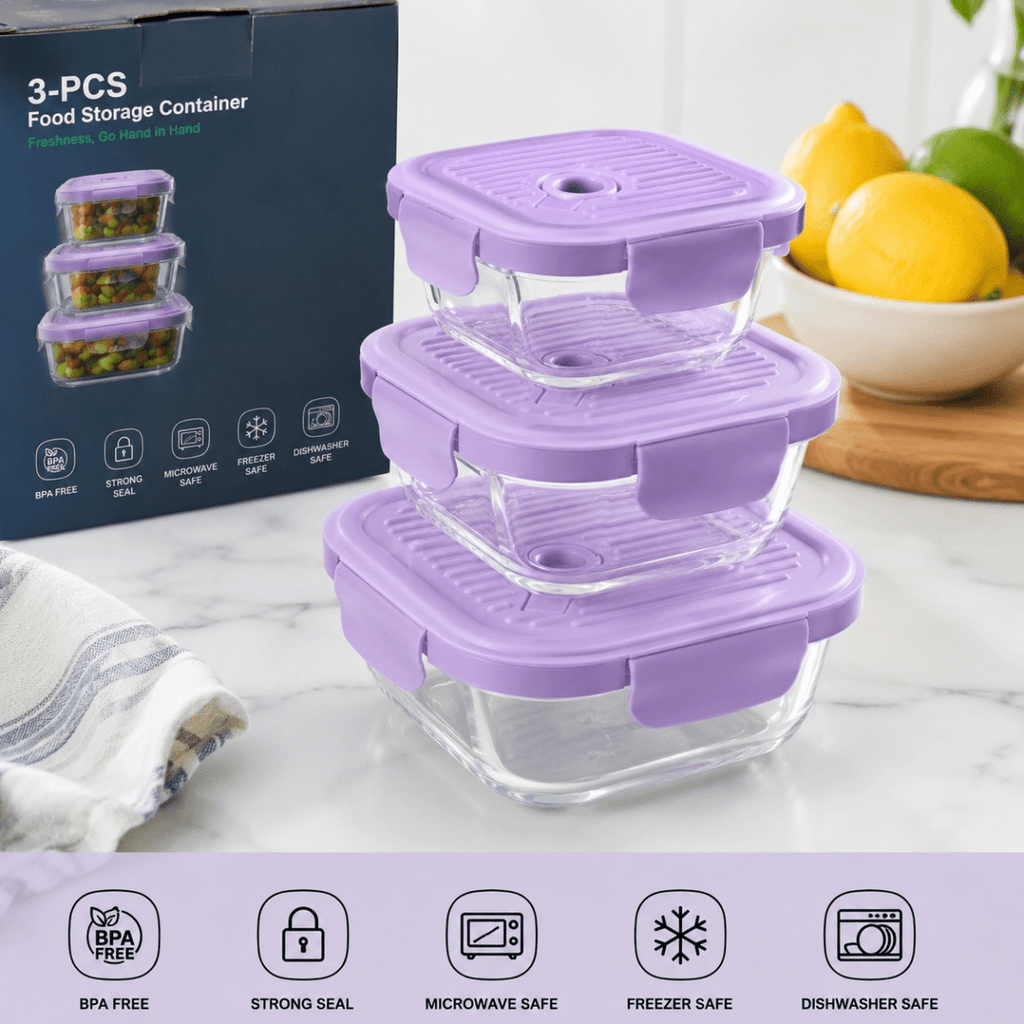 3PC Glass Container Set Square - 400/650/1000ml - Home Phase