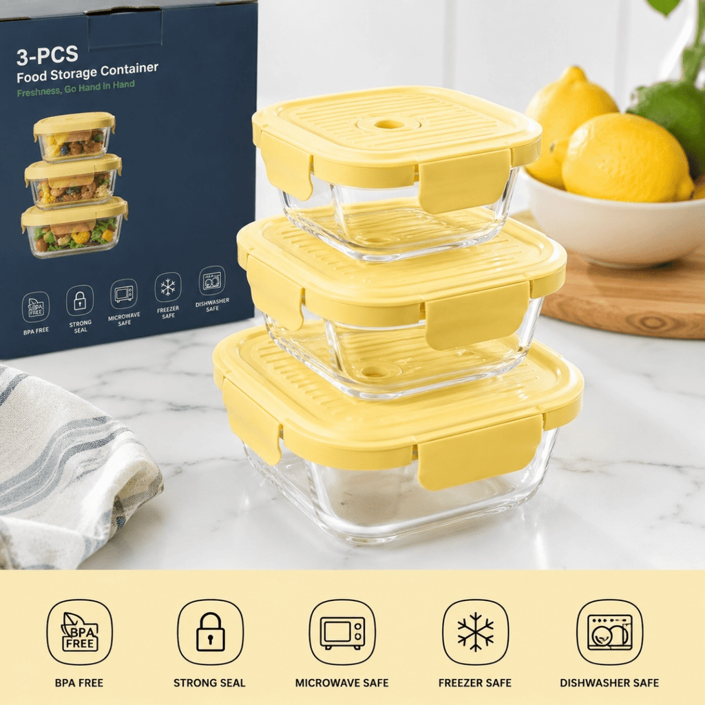 3PC Glass Container Set Square - 400/650/1000ml - Home Phase