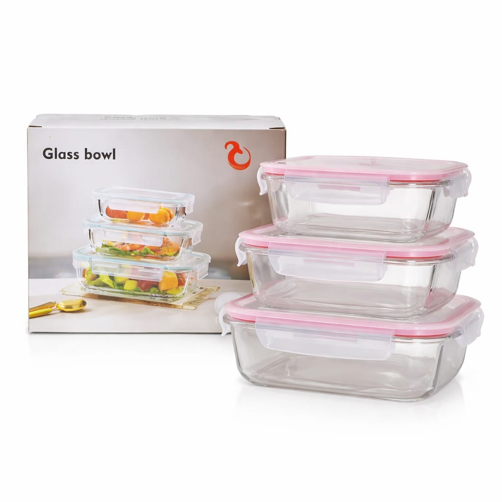 3PC Rectangle Borosilicate Glass Container - 410/700/1040ml - Home Phase