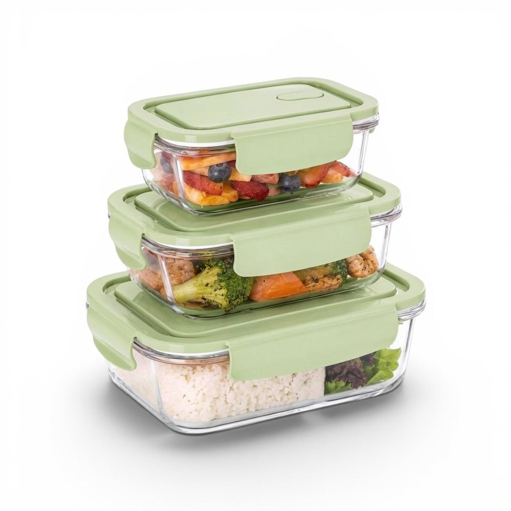 3PC Rectangle Borosilicate Glass Container Set - 410/700/1040ml - Home Phase