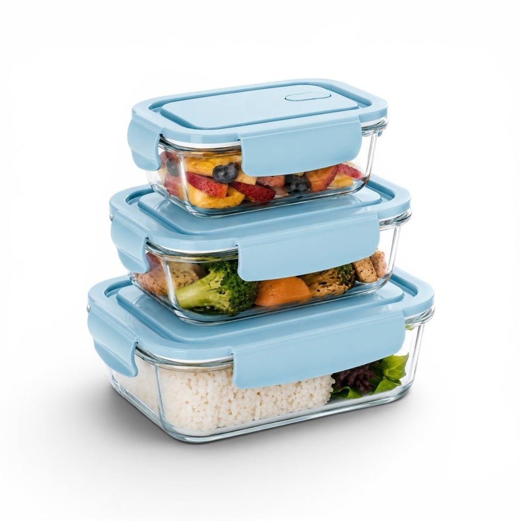 3PC Rectangle Borosilicate Glass Container Set - 410/700/1040ml - Home Phase