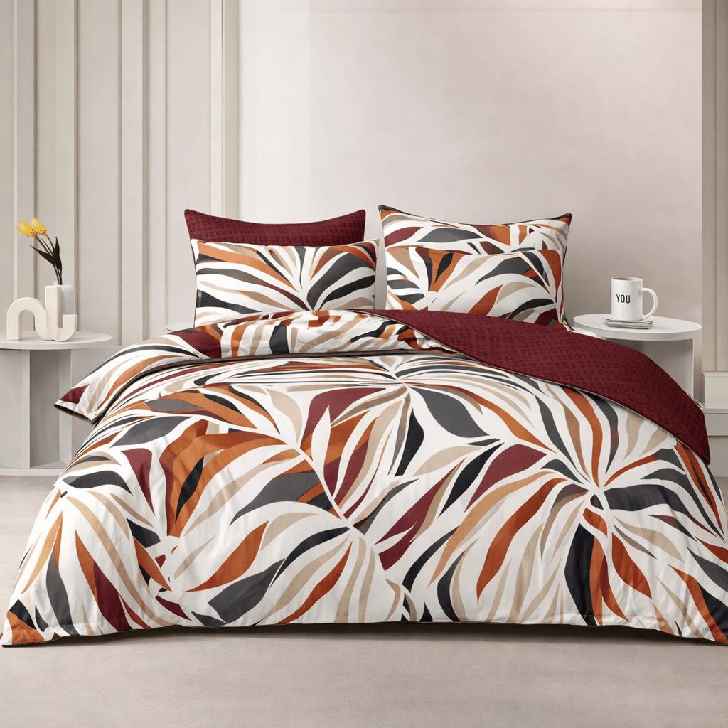 3PC Reversible Microfibre Duvet Cover - Folksy Leaf - Home Phase