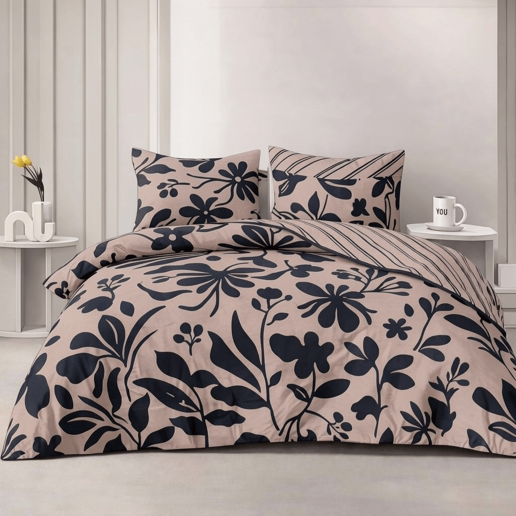 3PC Reversible Microfibre Duvet Cover - Monochrome Floral - Home Phase