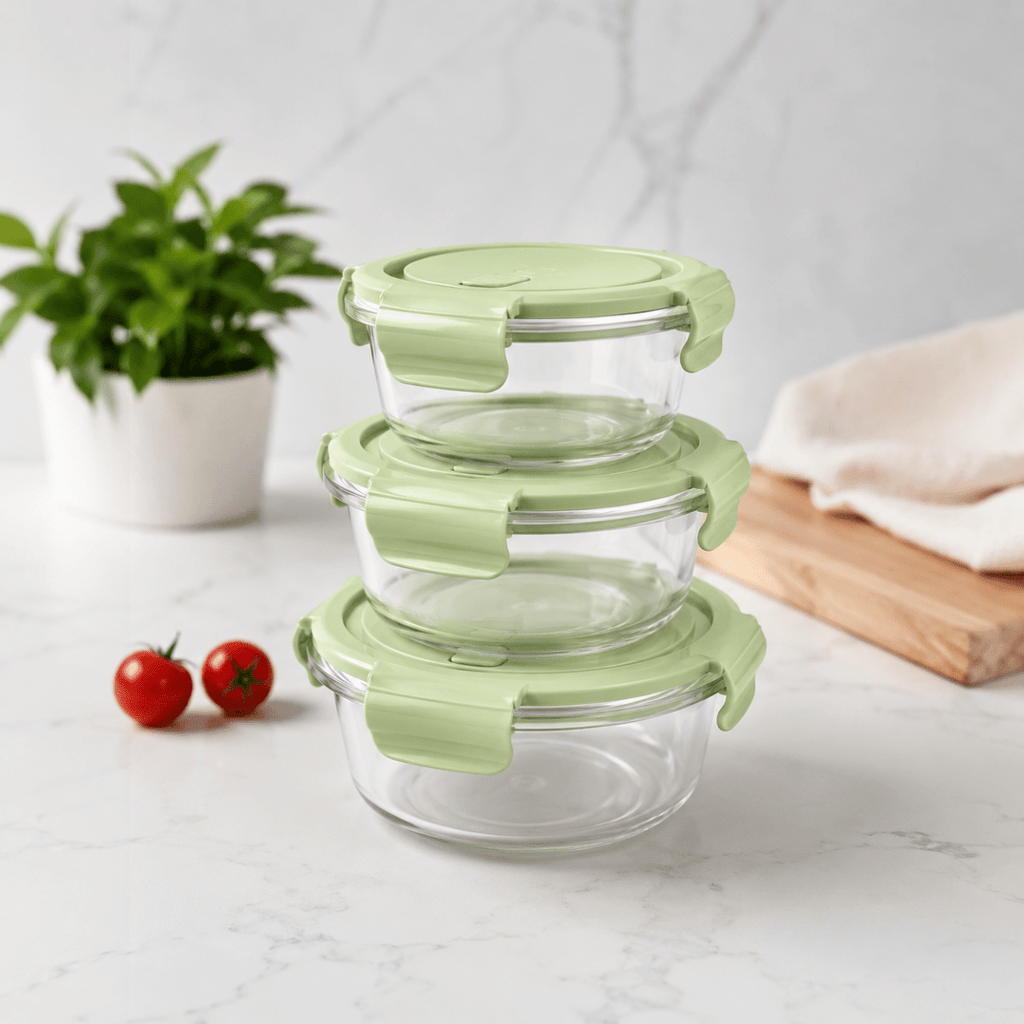 3PC Round Borosilicate Glass Container Set - 400/650/1000ML - Home Phase