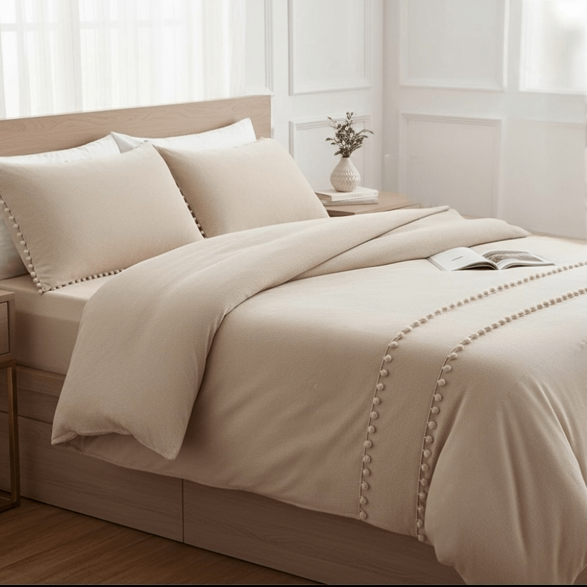 3PC Soft Touch Microfibre Duvet Cover Set - Pom Pom Taupe - Home Phase