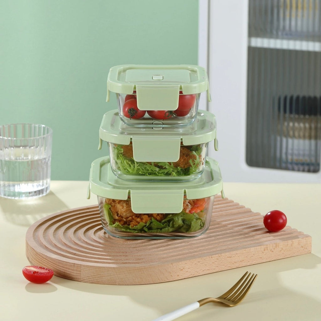3PC Square Borosilicate Glass Container Set - 400/650/1000ml - Home Phase