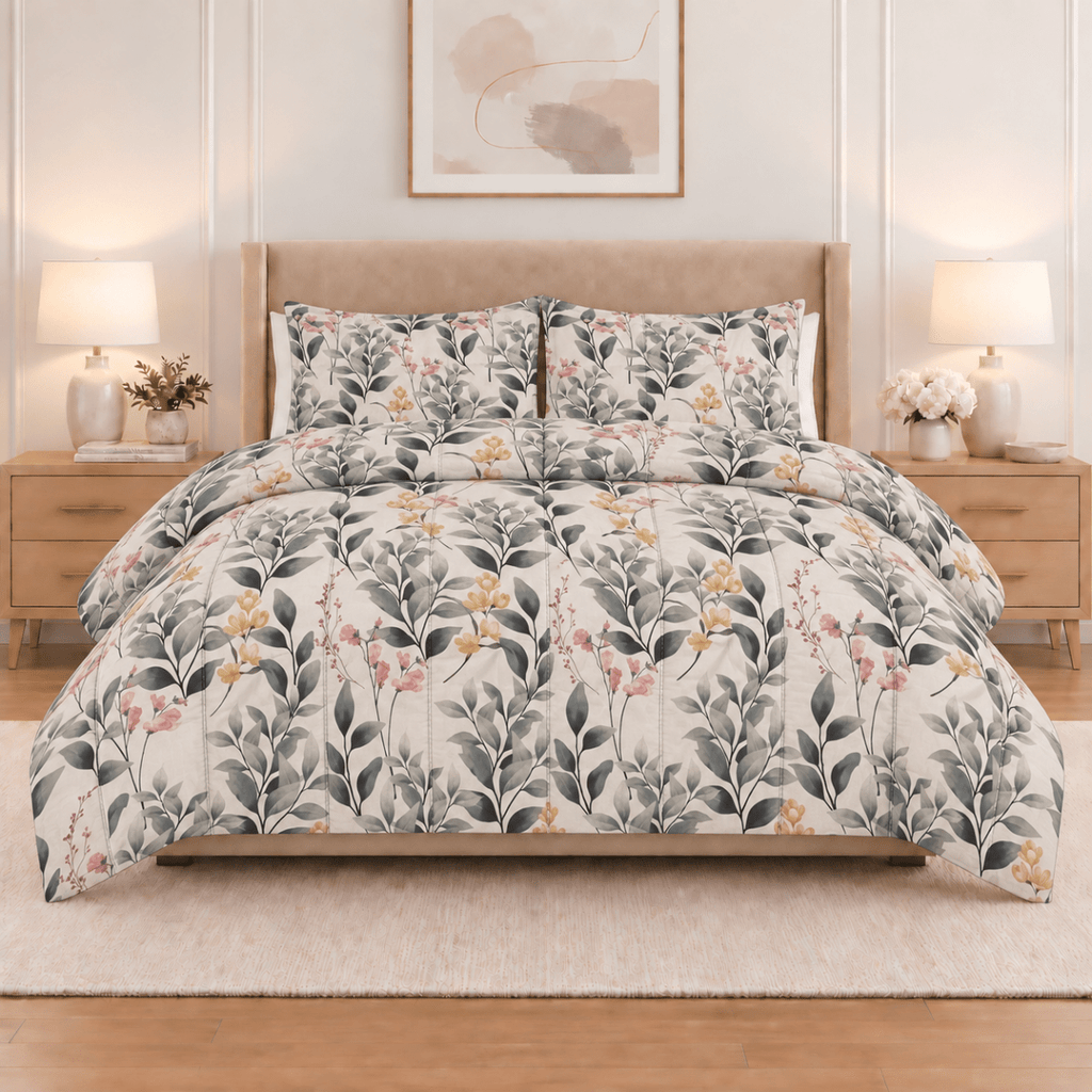 3PC Tela Printed Microfibre 80gsm Comforter - White With Pink Floral - Home Phase