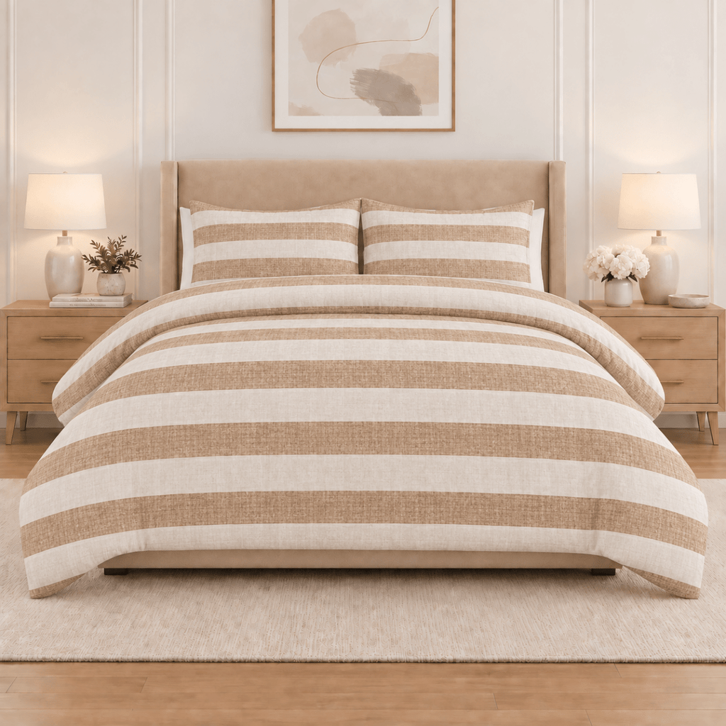 3PC Tela Printed Microfibre Comforter - Beige & White Stripe - Home Phase