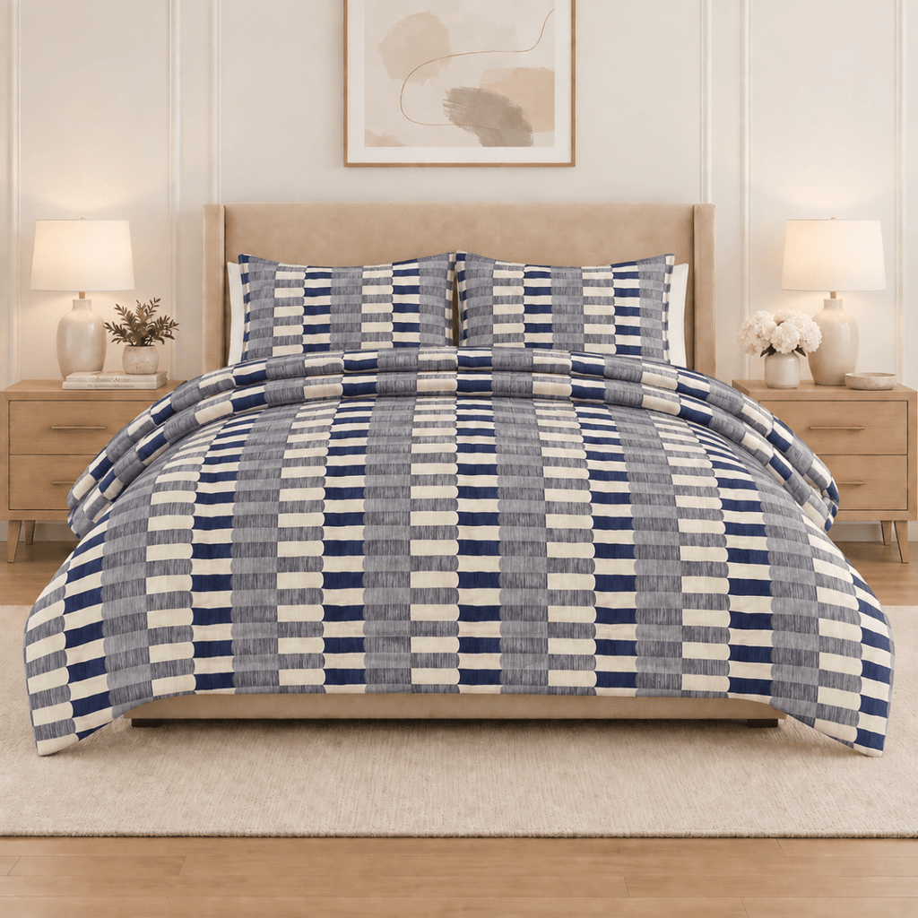 3PC Tela Printed Microfibre Comforter - Blue Stripe Abstract - Home Phase