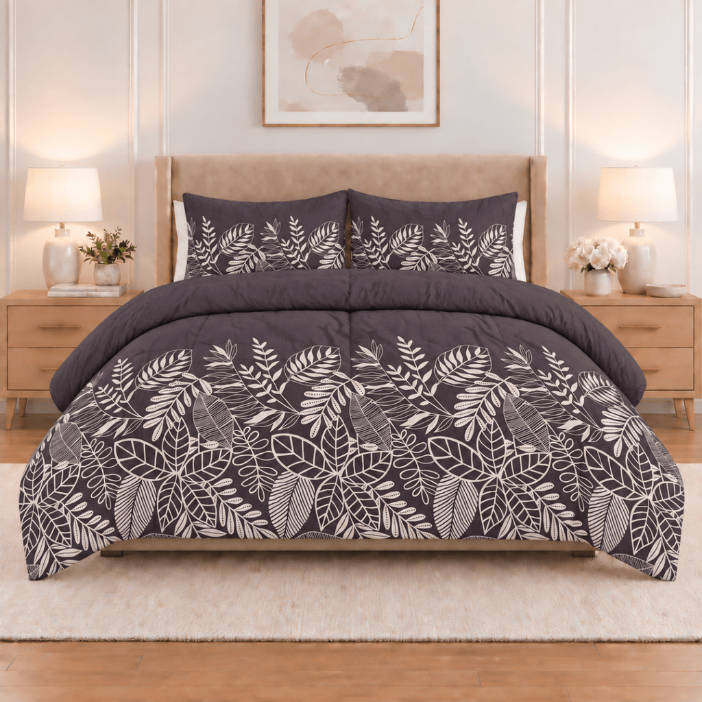 3PC Tela Printed Microfibre Comforter - Charcoal & White Leaf - Home Phase