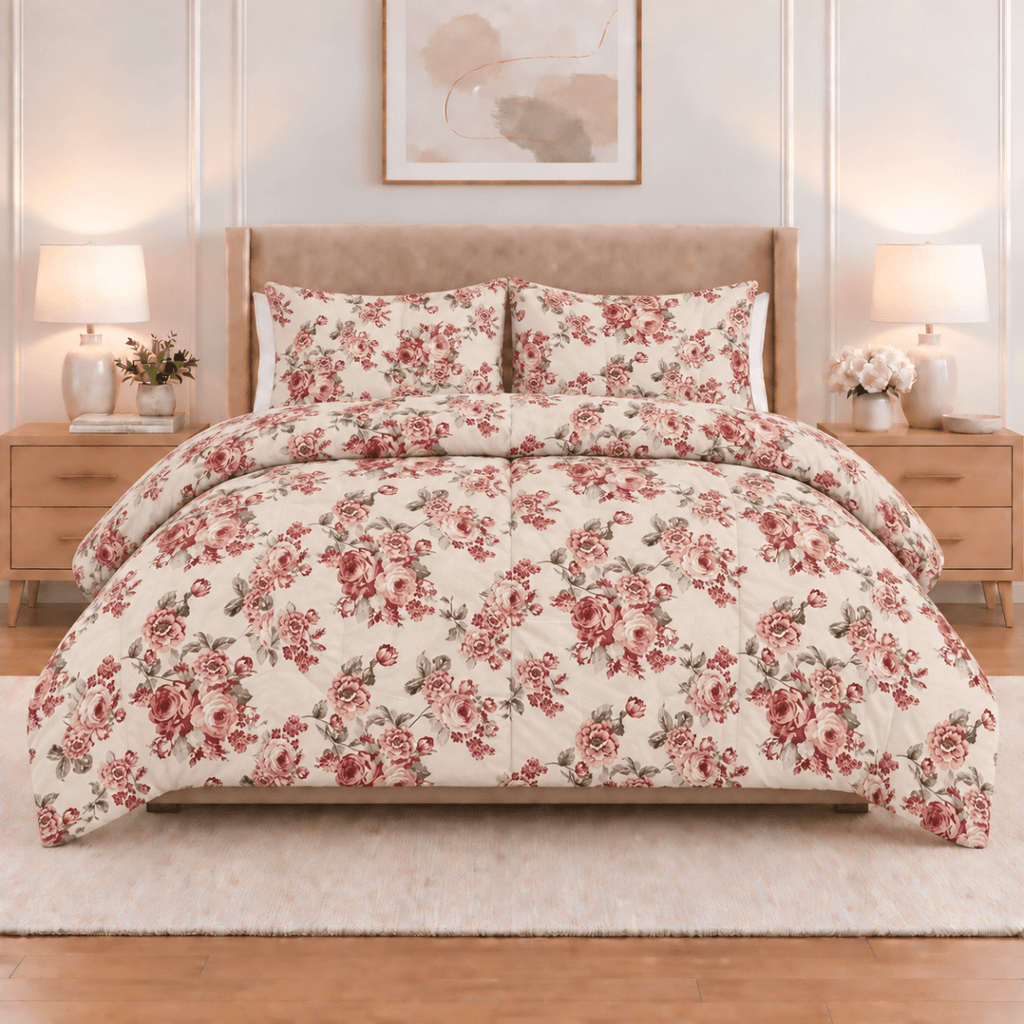 3PC Tela Printed Microfibre Comforter - Pink Rose - Home Phase