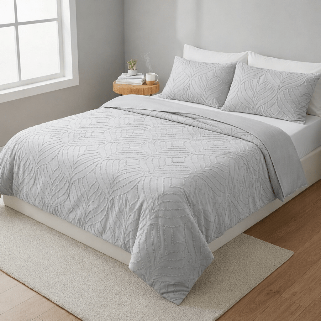 3PC Textured Clip Jacquard Duvet Cover Set - Silver - Home Phase