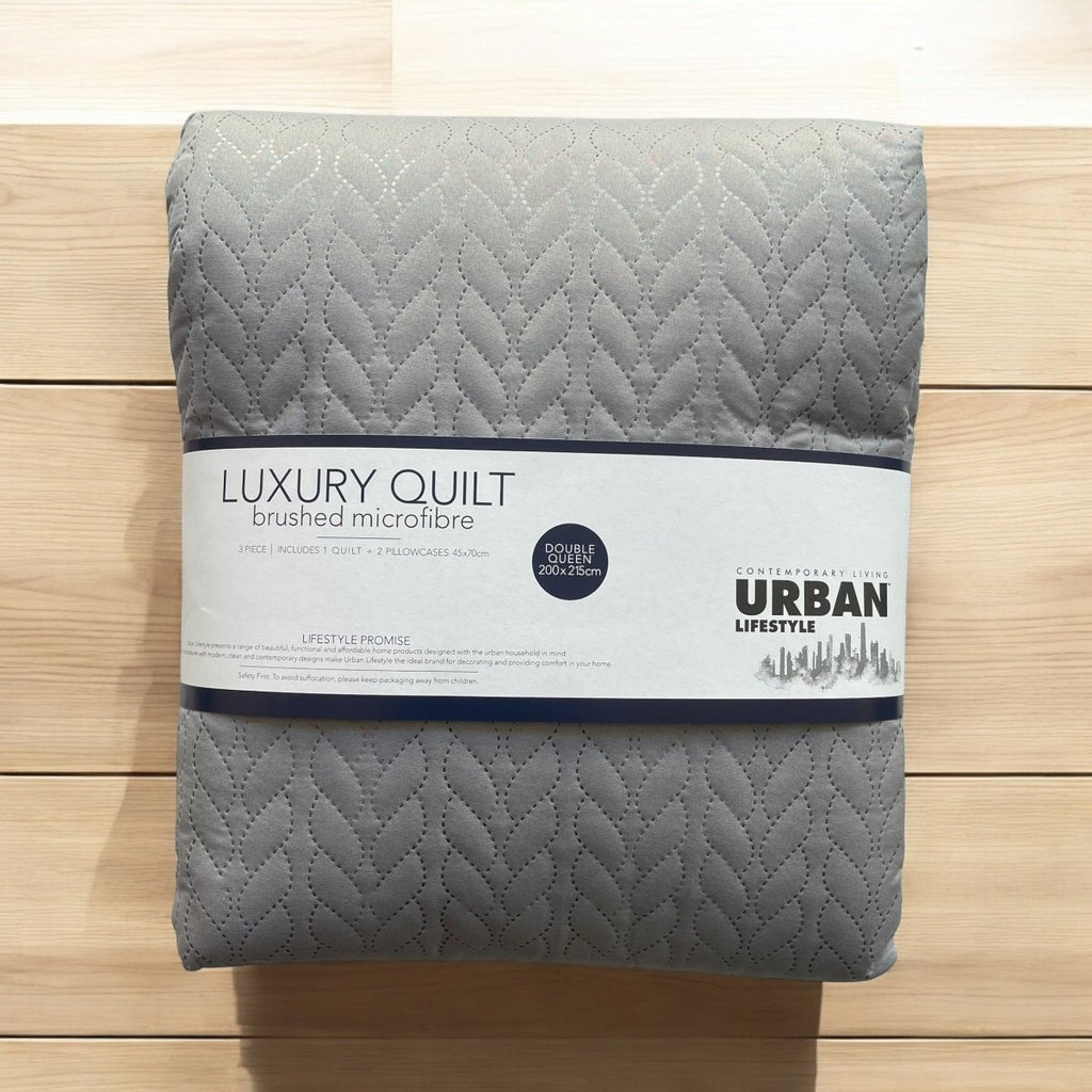 3PC Urban Luxury Brushed Microfibre Quilt - 200 x 215 cm - Double/Queen - Style Phase Home