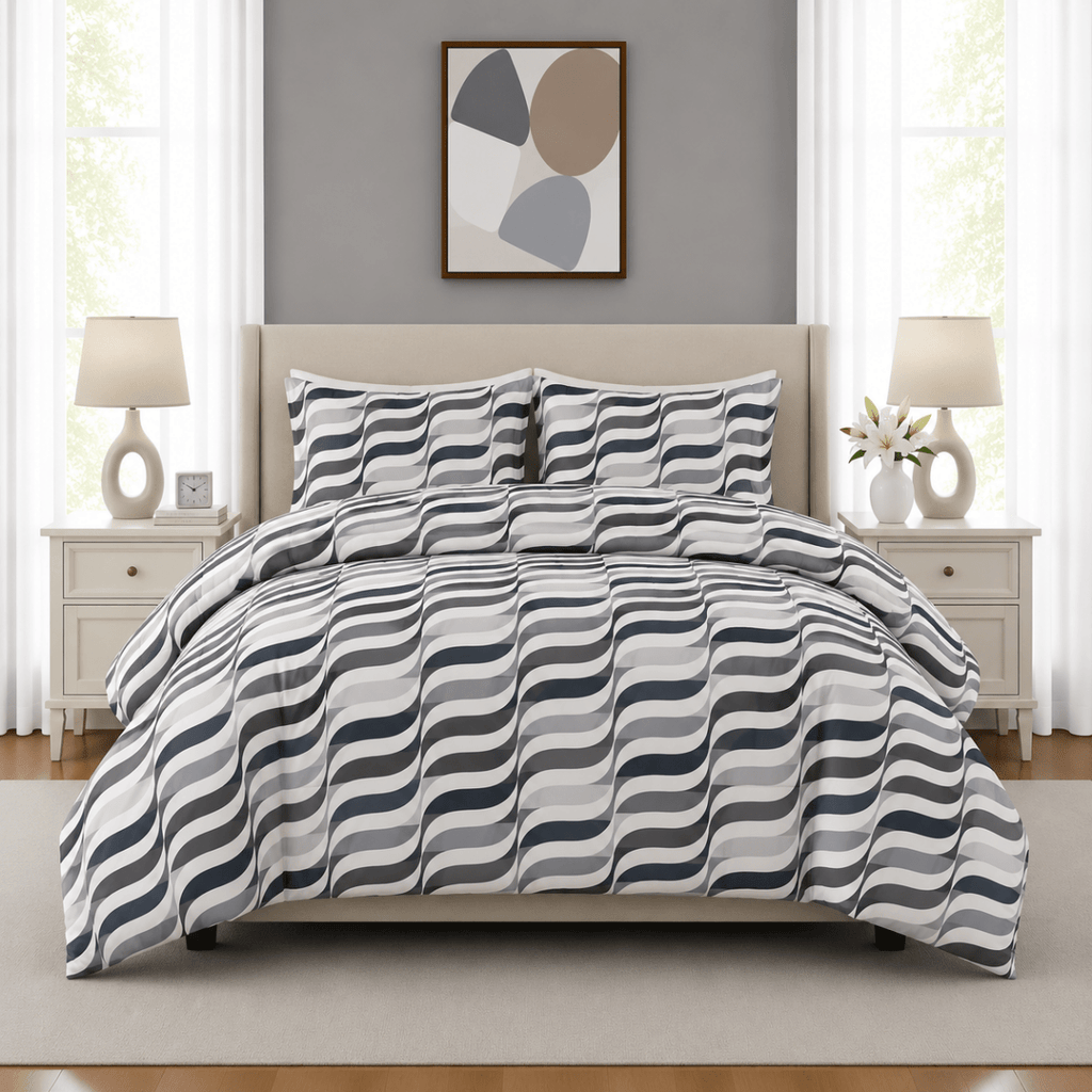 3PC Urban Printed Microfibre 80gsm Comforter - Blue Abstract Wave - Home Phase