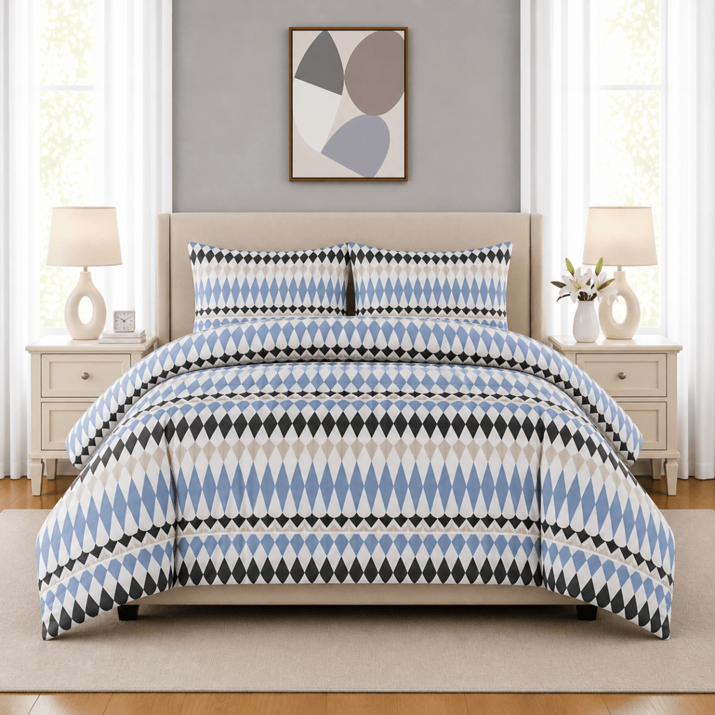 3PC Urban Printed Microfibre 80gsm Comforter - Blue Backgammon - Home Phase
