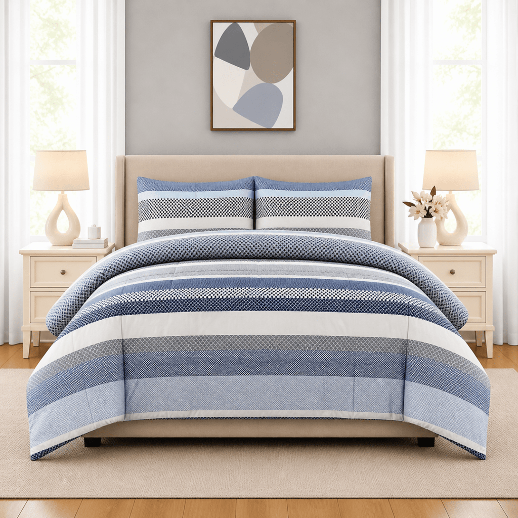 3PC Urban Printed Microfibre 80gsm Comforter - Blue Diamond Stripe - Home Phase