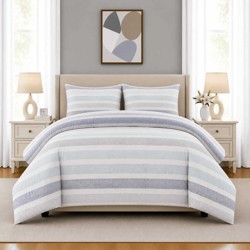 3PC Urban Printed Microfibre 80gsm Comforter - Blue, Green & Orange Stripe - Home Phase