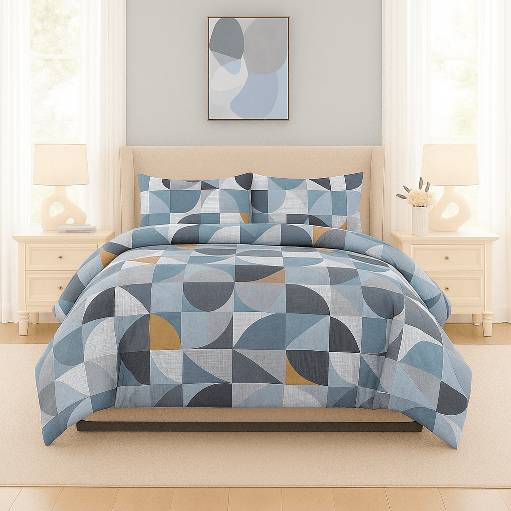 3PC Urban Printed Microfibre 80gsm Comforter - Blue & Grey Abstract Geo - Home Phase