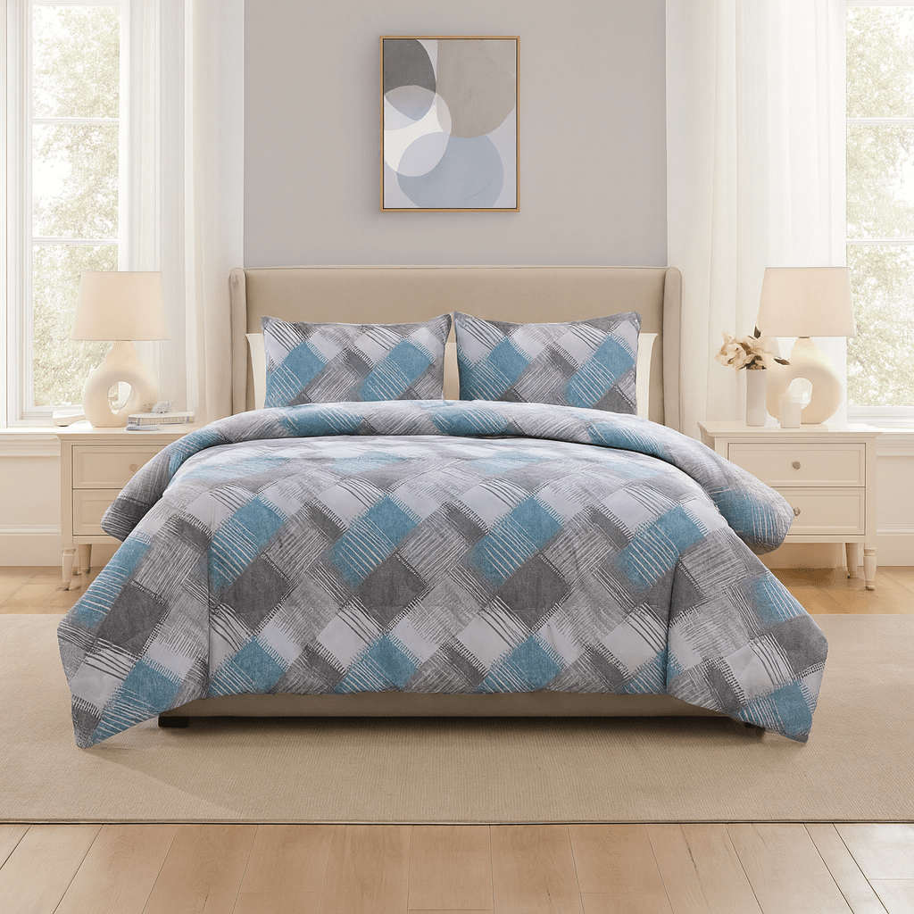 3PC Urban Printed Microfibre 80gsm Comforter - Blue & Grey Flannel - Home Phase