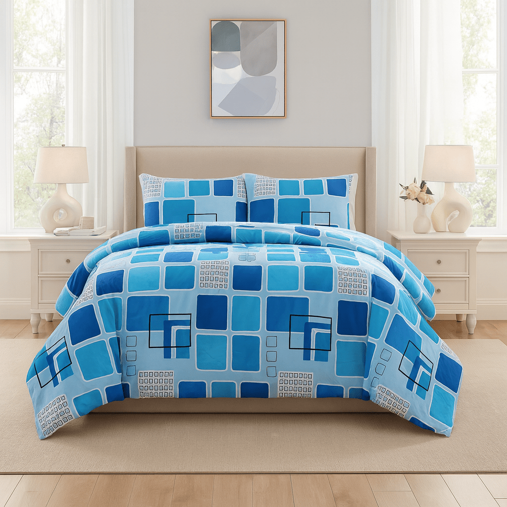 3PC Urban Printed Microfibre 80gsm Comforter - Blue Square Geo - Home Phase